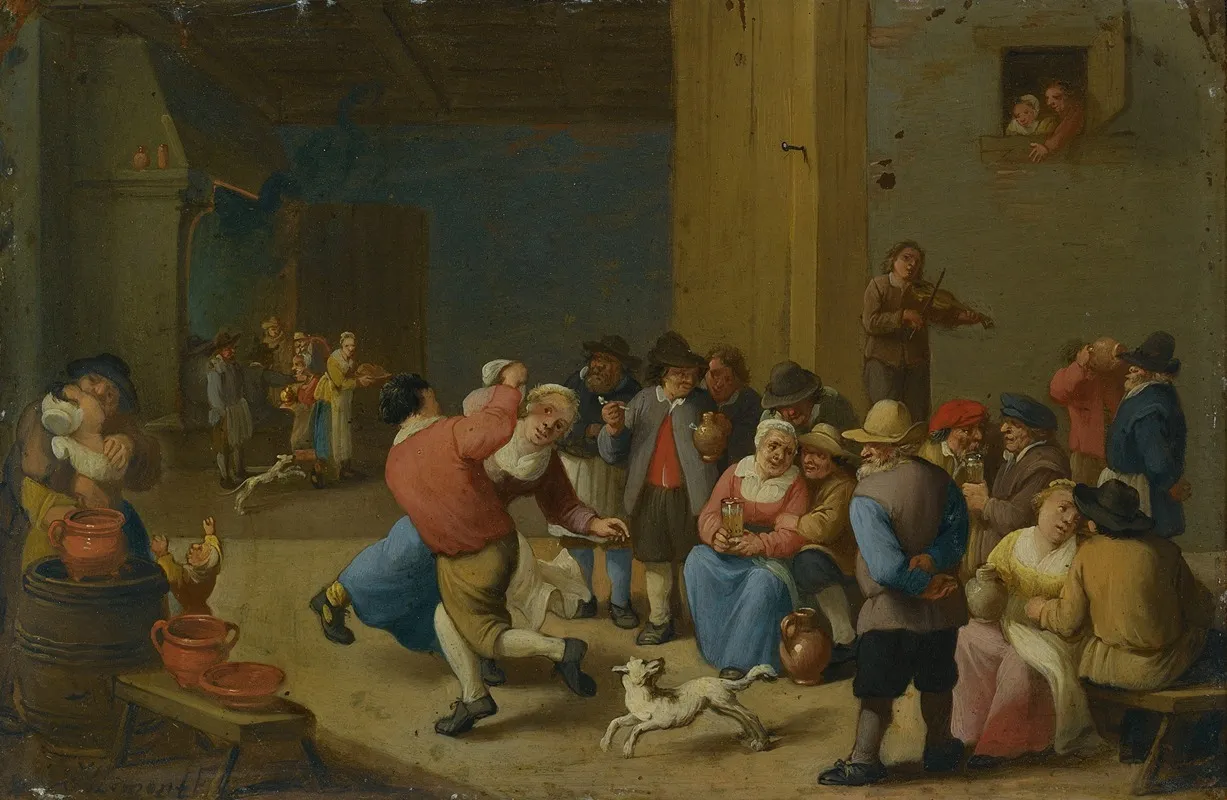 A Tavern Interior With Drinking And Dancing Peasants Wall Art by Mattheus van Helmont - High-Resolution Digital Print