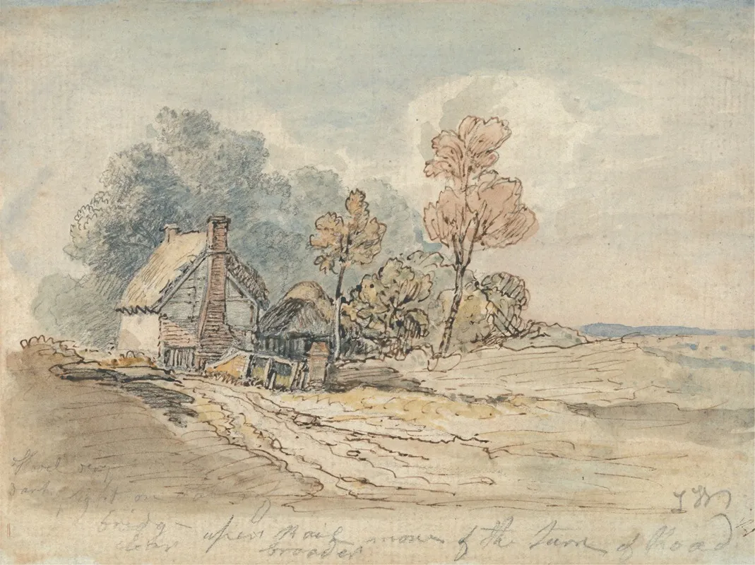A Thatched Cottage And Trees At The Turn Of A Country Road Wall Art by James Ward - High-Resolution Digital Print