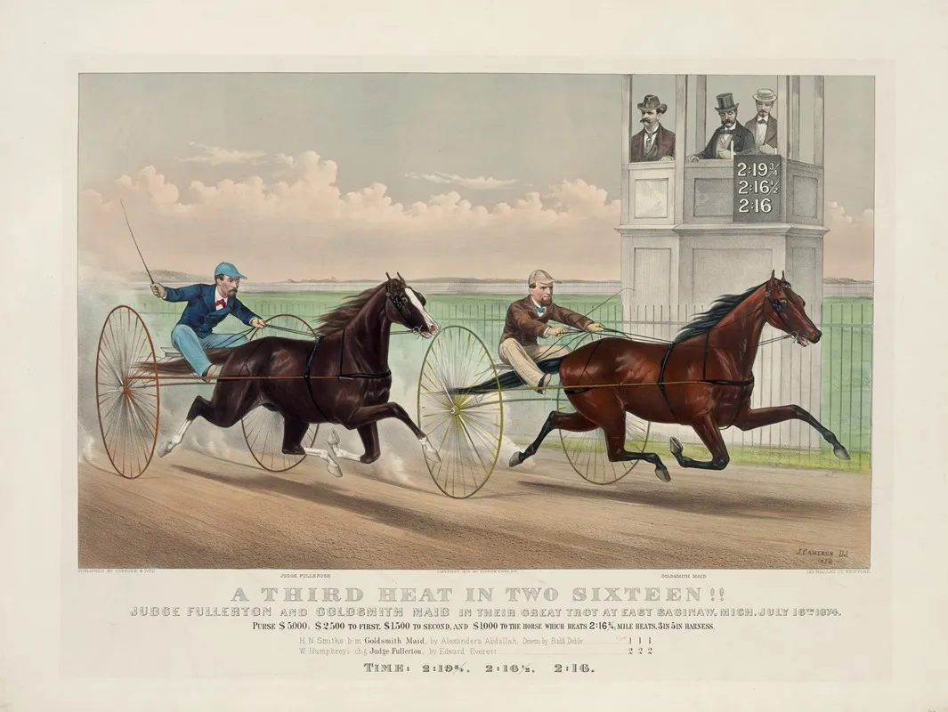 A Third Heat In Two Sixteen Judge Fullerton And Goldsmith Maid In Their Great Trot At East Saginaw Mich July 16th 1874 Wall Art by John Cameron - High-Resolution Digital Print