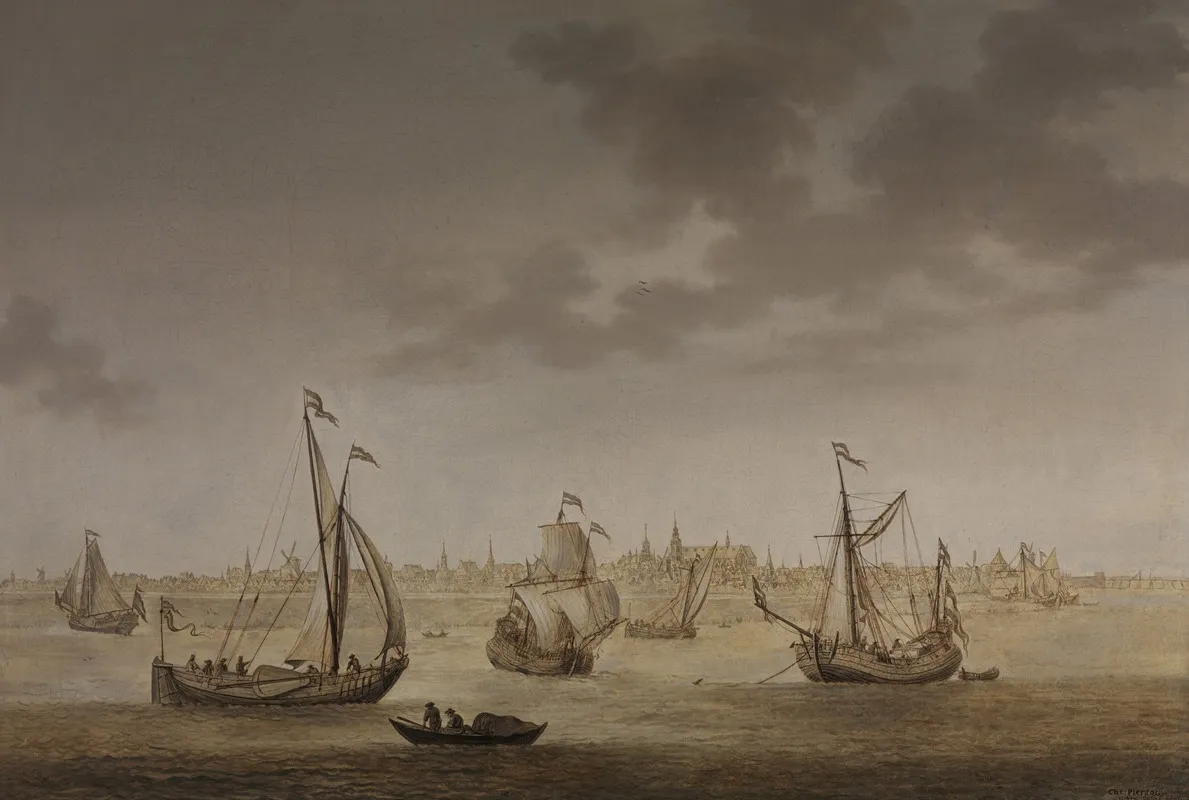 A Three Masted Sailing Ship And Other Shipping Before Gouda Wall Art by Christoffel Pierson - High-Resolution Digital Print
