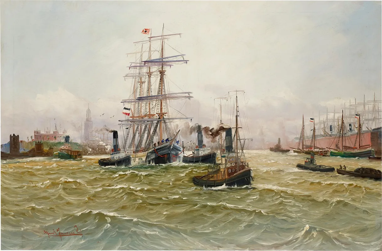 A Three Master And Sail Boats With The French Flag In The Hamburg Harbour