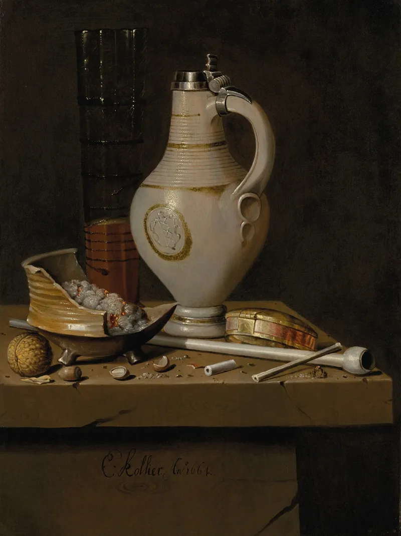 A Toebakje Still Life Of Smoking Utensils A Jug And A Tall Glass Partly Filled With Beer