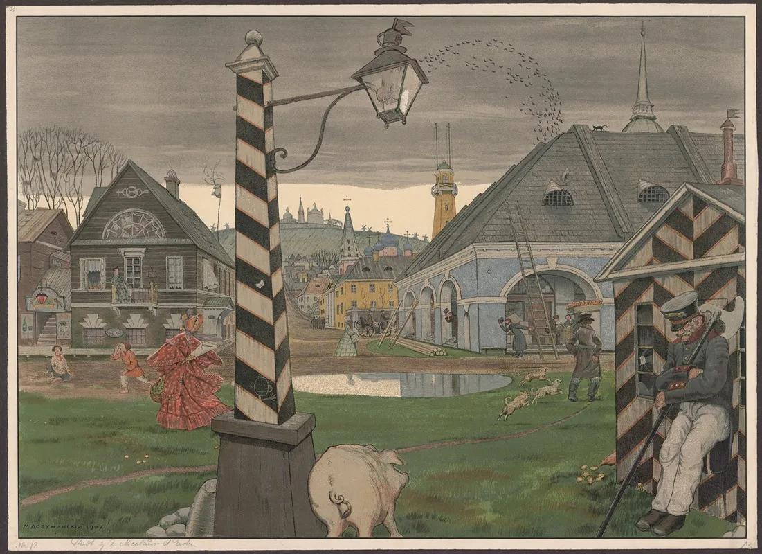 A Town At The Time Of Emperor Nicholas I Wall Art by Mstislav Dobuzhinsky - High-Resolution Digital Print