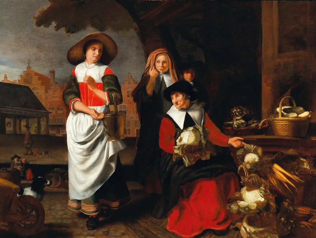 A Town Square With An Old Woman Selling Vegetables At A Market Stall Wall Art by Justus de Gelder - High-Resolution Digital Print