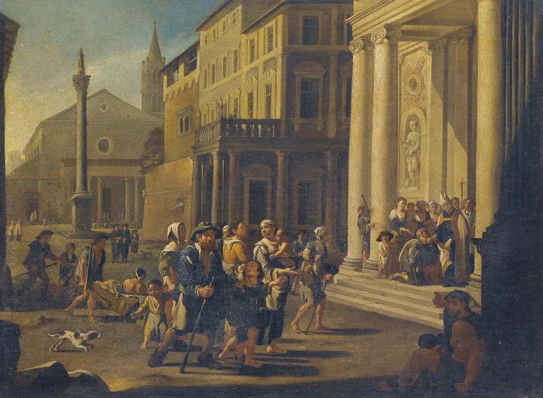 A Townscape With A Bishop Healing The Sick And Injured In Front Of A Church Wall Art by Willem Reuter - High-Resolution Digital Print