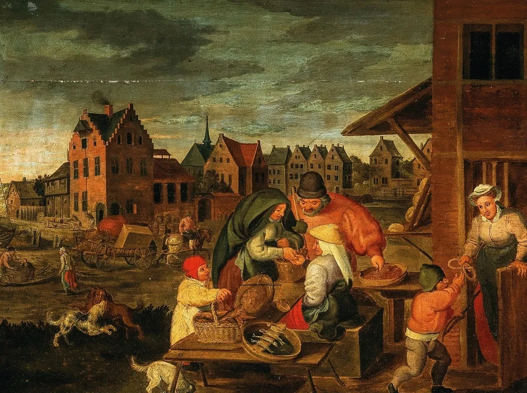 A Townscape With Peasants At A Vendors Stall
