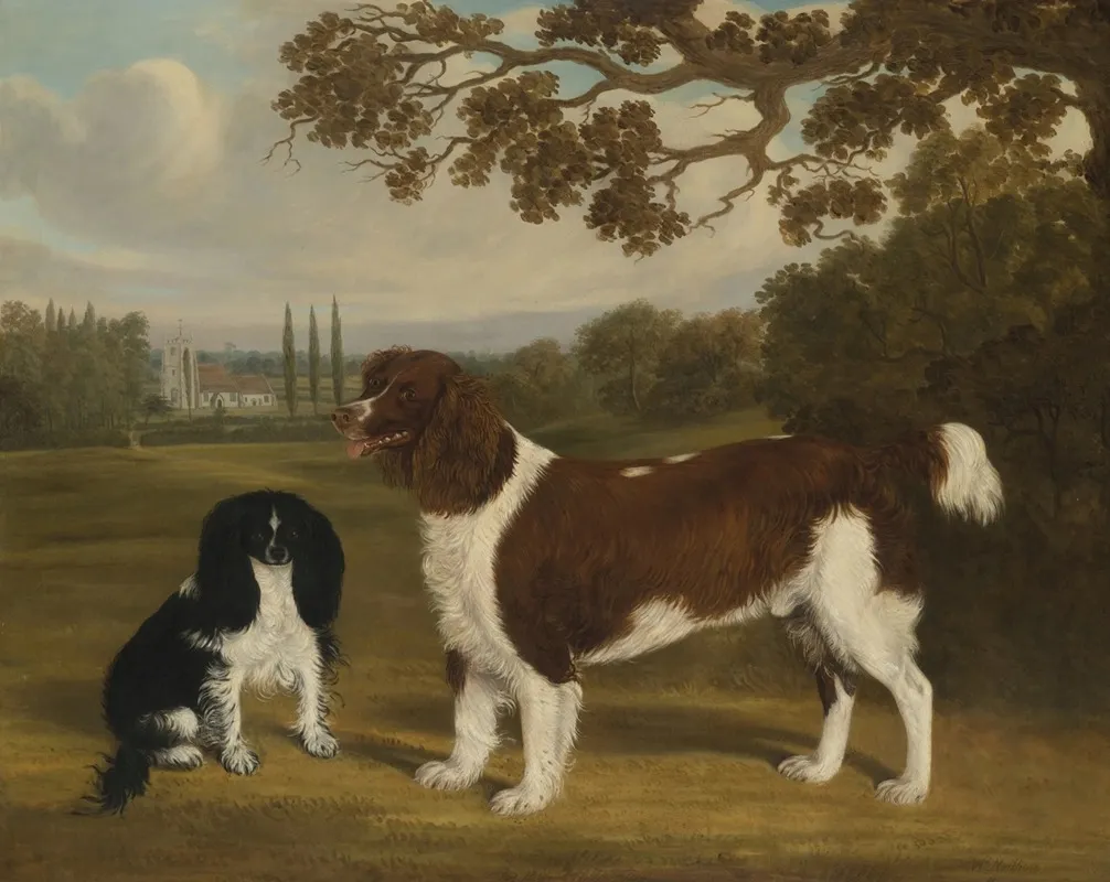 A Toy Spaniel And A Springer Spaniel In A Landscape A Church In The Distance Wall Art by William Nedham - High-Resolution Digital Print