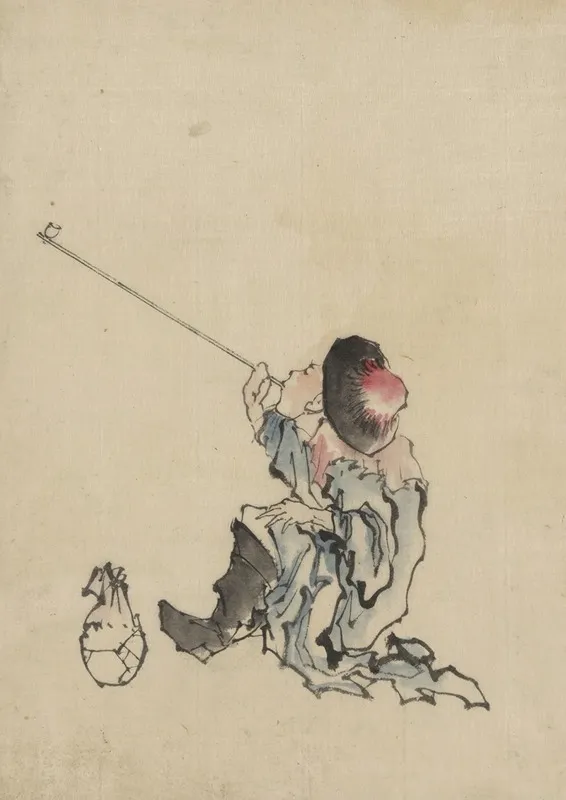 A Traveler Seated Wearing A Robe Boots And Rounded Top Conical Hat Smoking A Long Pipe Wall Art by Katsushika Hokusai - High-Resolution Digital Print