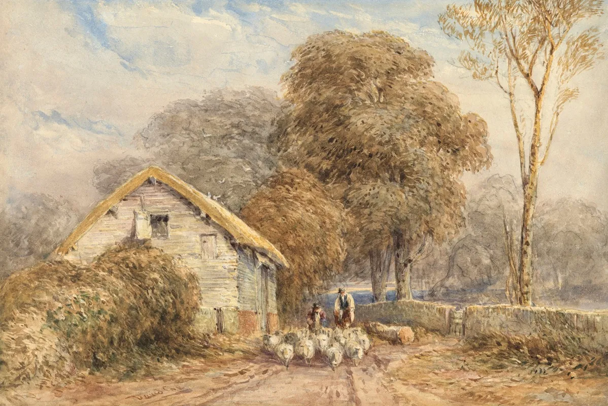 A Traveller On Horseback With A Shepherd And His Sheep By A Barn On A Country Road Wall Art by David Cox - High-Resolution Digital Print