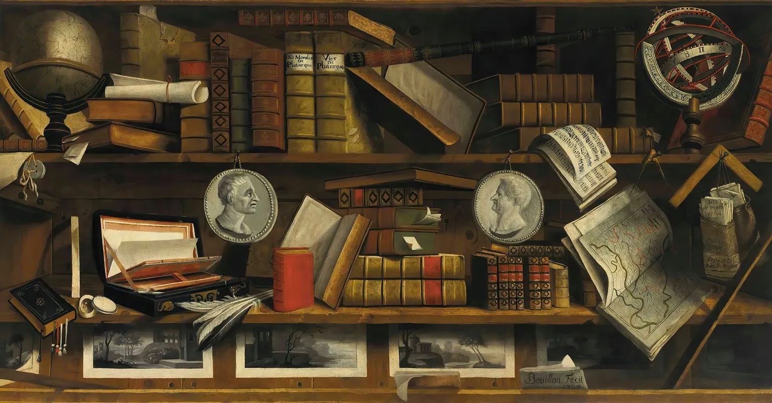 A Trompe Loeil Of A Collectors Study With Engravings Drawings Letters And Books Wall Art by Charles Bouillon - High-Resolution Digital Print