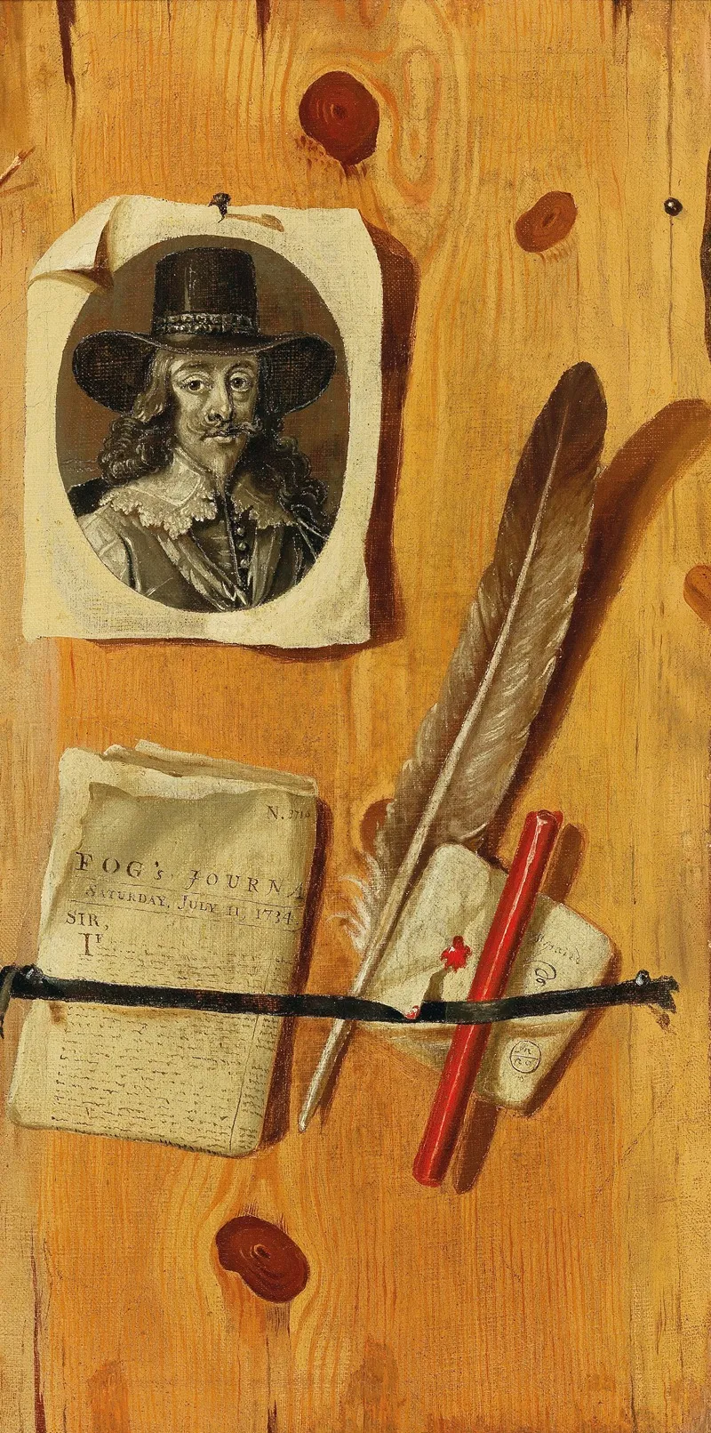A Trompe Loeil Painting With An Engraved Portrait Of King Charles I An Issue Of Fogs Journal Dated 1734 A Quill Pen And Sealing Wax Held Against A Wooden Backboard Wall Art by Jacobus Plasschaert - High-Resolution Digital Print