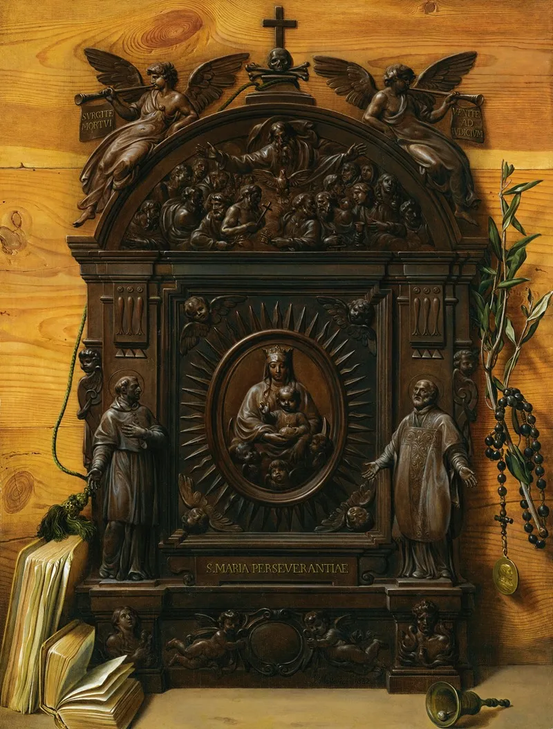 A Trompe Loeil Still Life Of A Portable Wooden Altar With A Rosary A Hand Bell And Books Lying On The Ledge Beside Wall Art by Prospero Mallerini - High-Resolution Digital Print