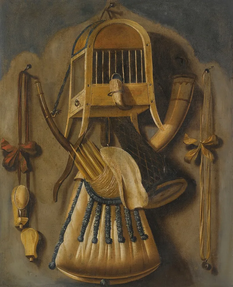 A Trompe Loeil Still Life With A Bird Cage A Hunting Horn A Bird Whistle And Other Hunting Implements Hanging On A Wall Wall Art by Johannes Leemans - High-Resolution Digital Print