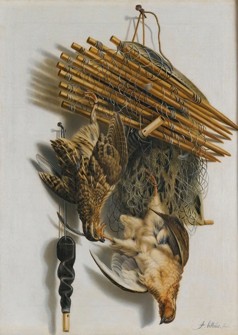 A Trompe Loeil Still Life With Two Quails A Bird Net And A Whistle Wall Art by Jacob Biltius - High-Resolution Digital Print