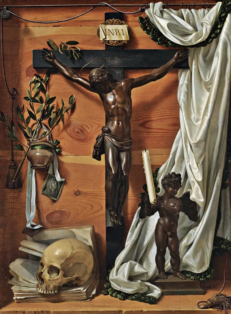 A Trompe Loeil Vanitas Still Life With A Bronze Crucifix Wall Art by Prospero Mallerini - High-Resolution Digital Print