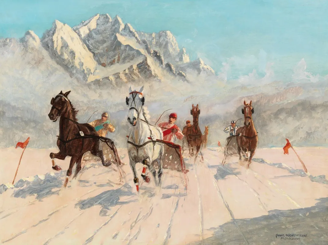 A Trotting Race On The Eibsee With The Zugspitze In The Background Wall Art by Franz Hienl-Merre - High-Resolution Digital Print