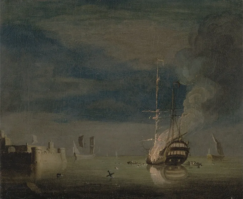 A Two Decker On Fire At Night Off A Fort Wall Art by Charles Brooking - High-Resolution Digital Print