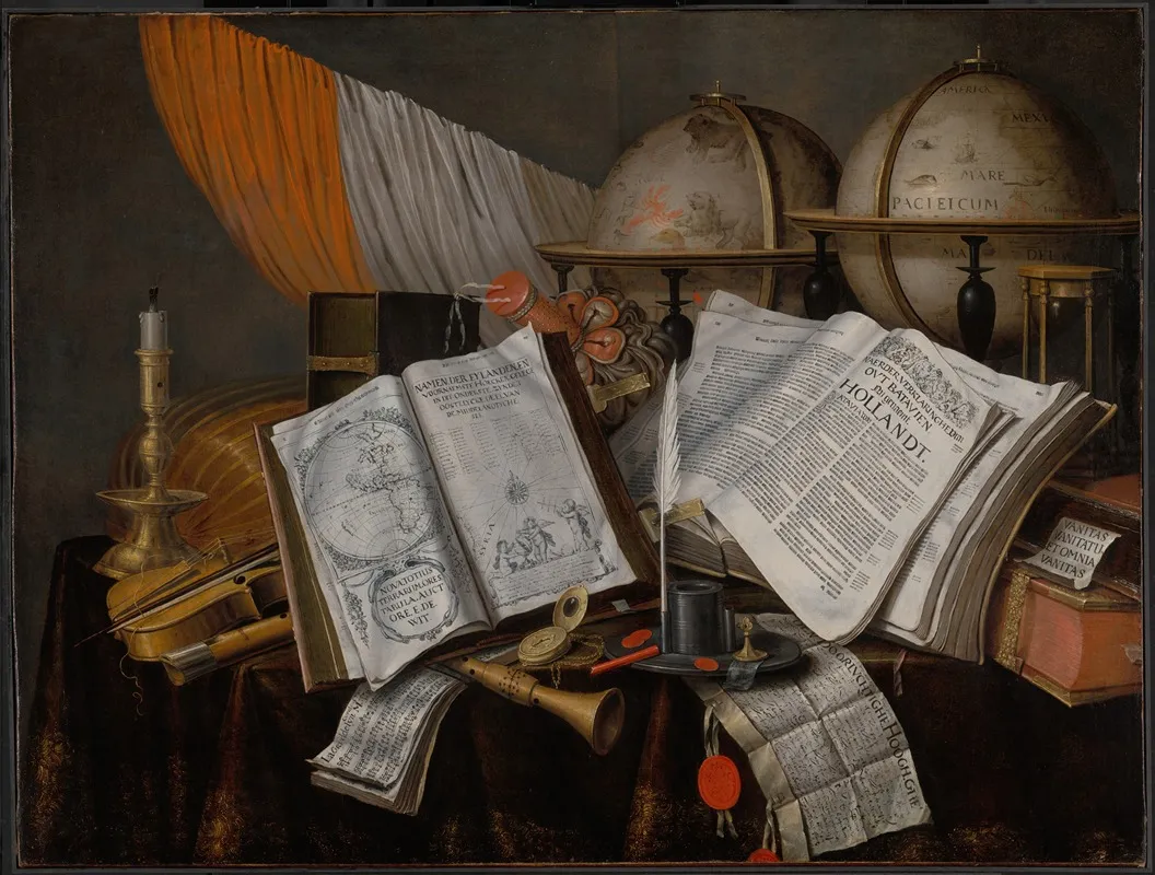 A Vanitas Still Life With A Flag Candlestick Musical Instruments Books Writing Paraphernalia Globes And Hourglass