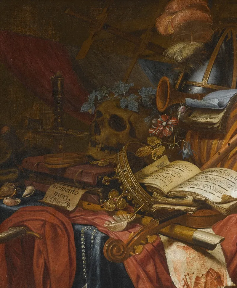 A Vanitas Still Life With A Flute A Skull Music Sheets A Gold Crown A Dagger Shells And Other Objects All Arranged On A Partly Draped Table Wall Art by Vincent Laurensz. van der Vinne I - High-Resolution Digital Print