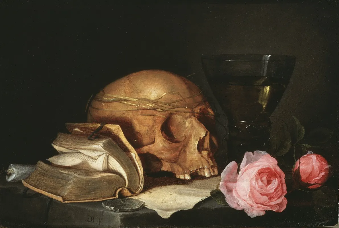 A Vanitas Still Life With A Skull A Book And Roses Wall Art by Jan Davidsz de Heem - High-Resolution Digital Print