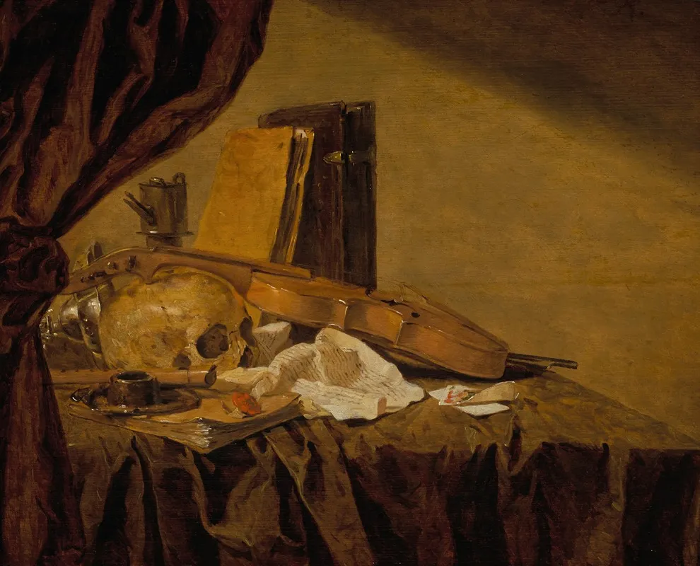 A Vanitas Still Life With A Skull Musical Instruments Books Playing Cards An Ink Pot An Overturned Tazza And An Oil Lamp On A Draped Table Wall Art by Jacques de Claeuw - High-Resolution Digital Print