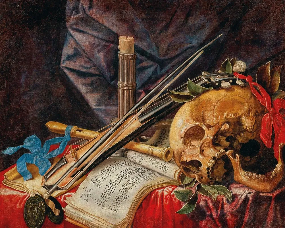 A Vanitas Still Life With A Viol A Clarinet A Skull A Sheet Of Music And A Candle Wall Art by Simon Renard de Saint-André - High-Resolution Digital Print
