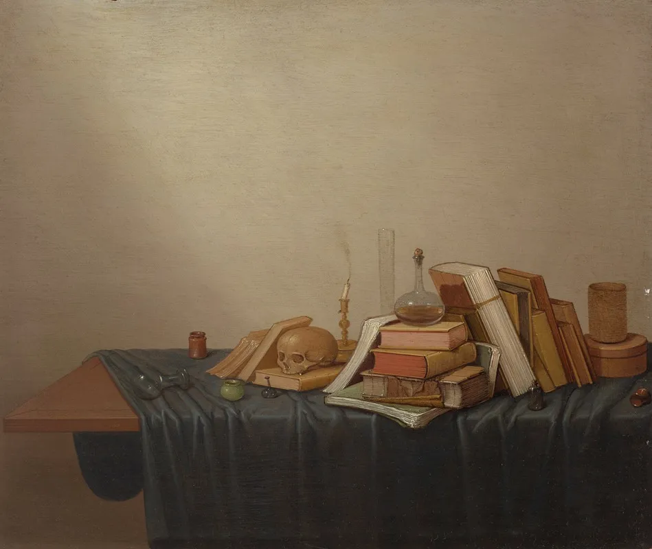A Vanitas With Books A Skull A Candle And Various Objects On A Table Wall Art by Gerrit van Vucht - High-Resolution Digital Print