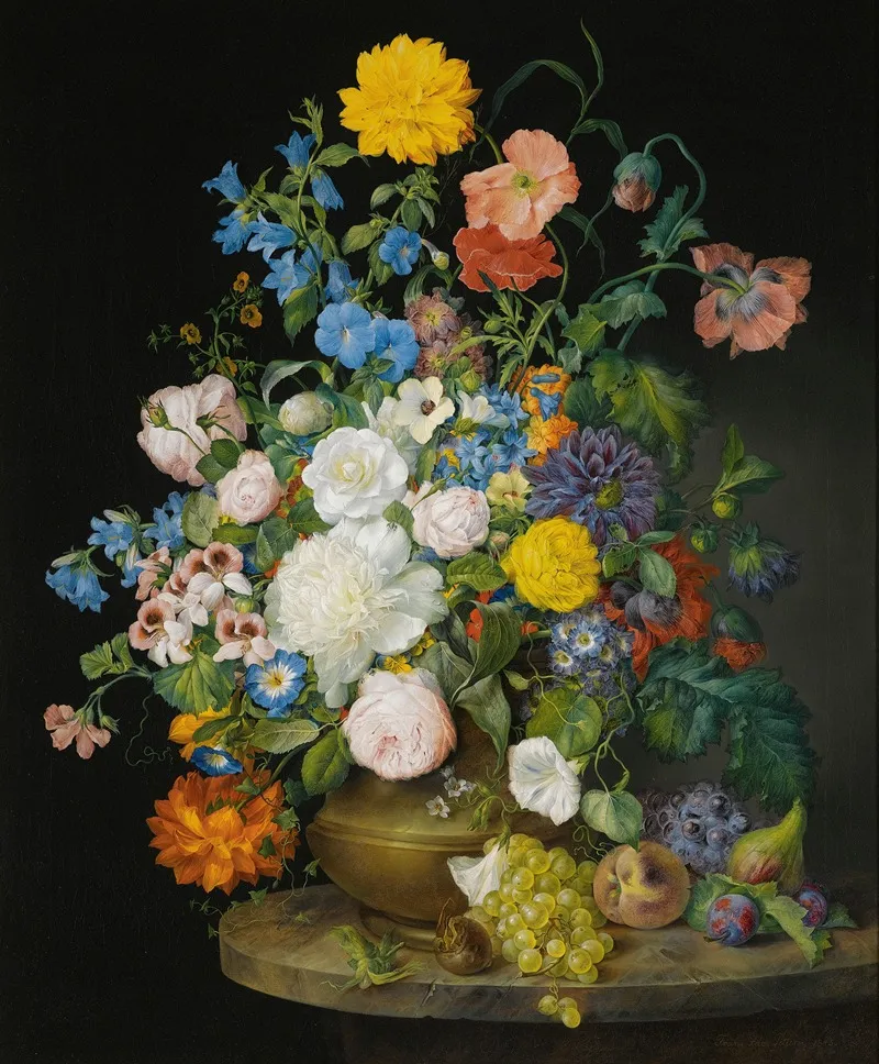 A Vase Of Camellias Geraniums Dahlias A White Peony Roses Poppies And Other Flowers With Fruit On A Stone Ledge Wall Art by Franz Xaver Petter - High-Resolution Digital Print