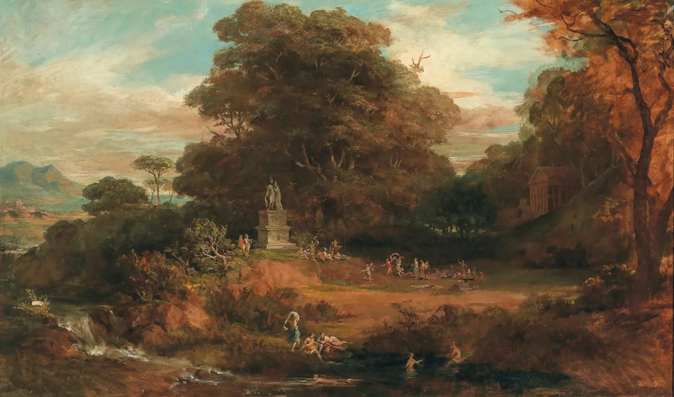 A Vast Idealised Landscape With Antique Figures Around A Double Statue Of Mars And Venus Temple Architecture In The Background Wall Art by Friedrich von Amerling - High-Resolution Digital Print