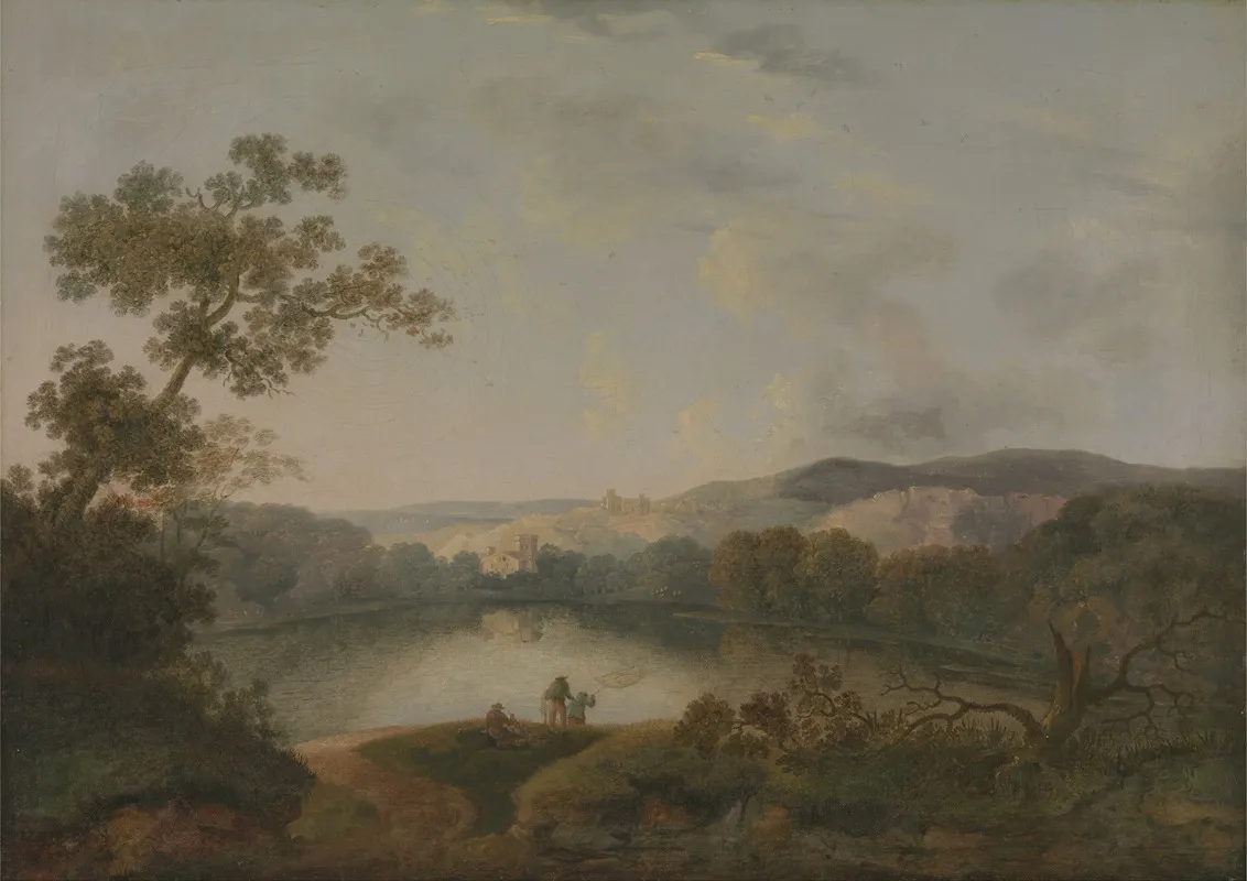 A View Of A Lake With Fishermen Wall Art by William Groombridge - High-Resolution Digital Print
