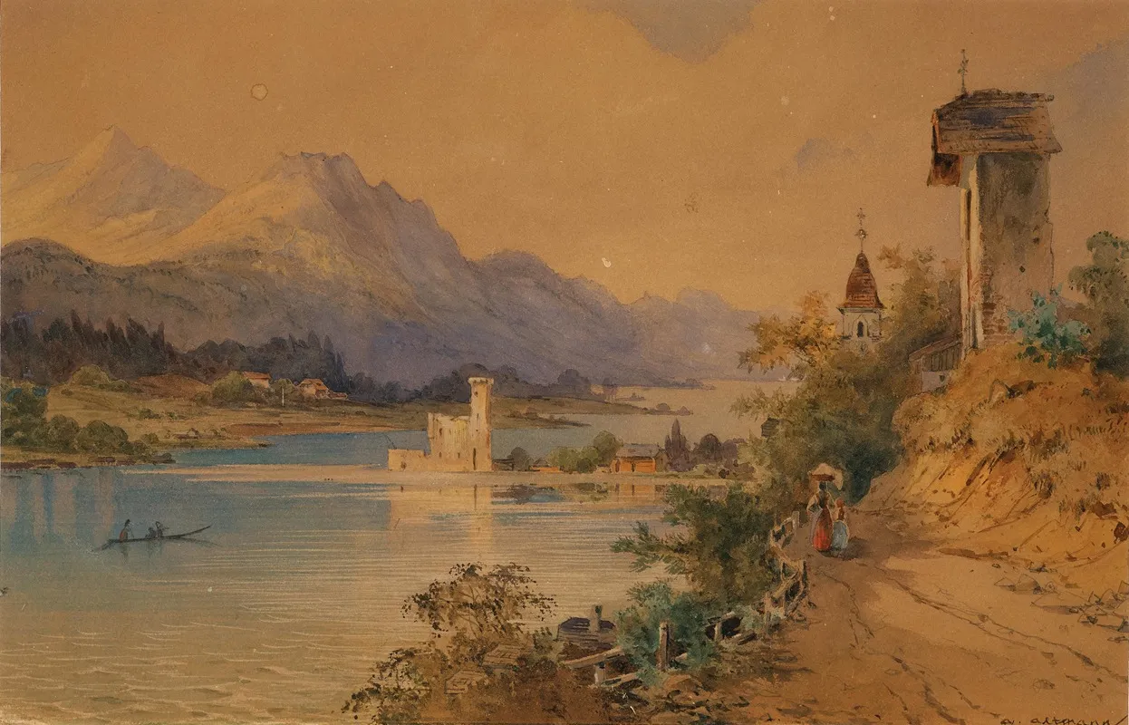 A View Of Lake Wolfgang With The Light House Wall Art by Anton Altmann the younger - High-Resolution Digital Print