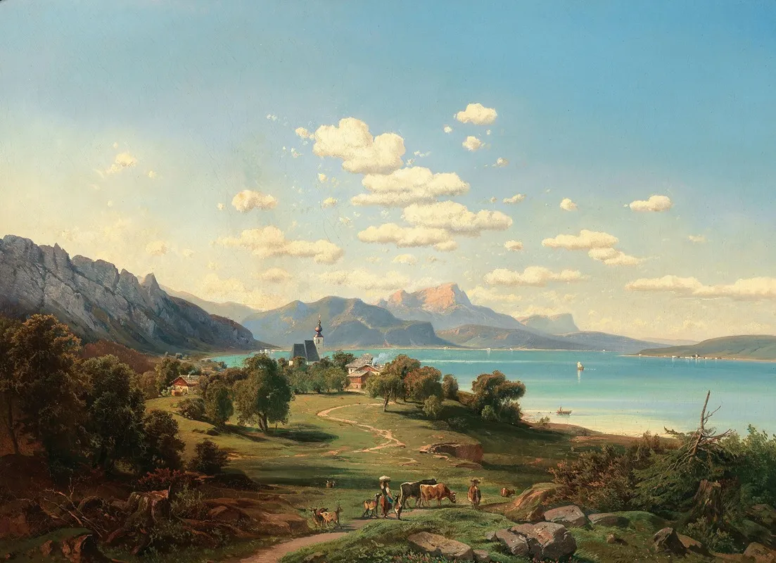 A View Of Steinbach Am Attersee With Unterach Schafberg The Drachenwand In The Background Wall Art by Josef Mayburger - High-Resolution Digital Print