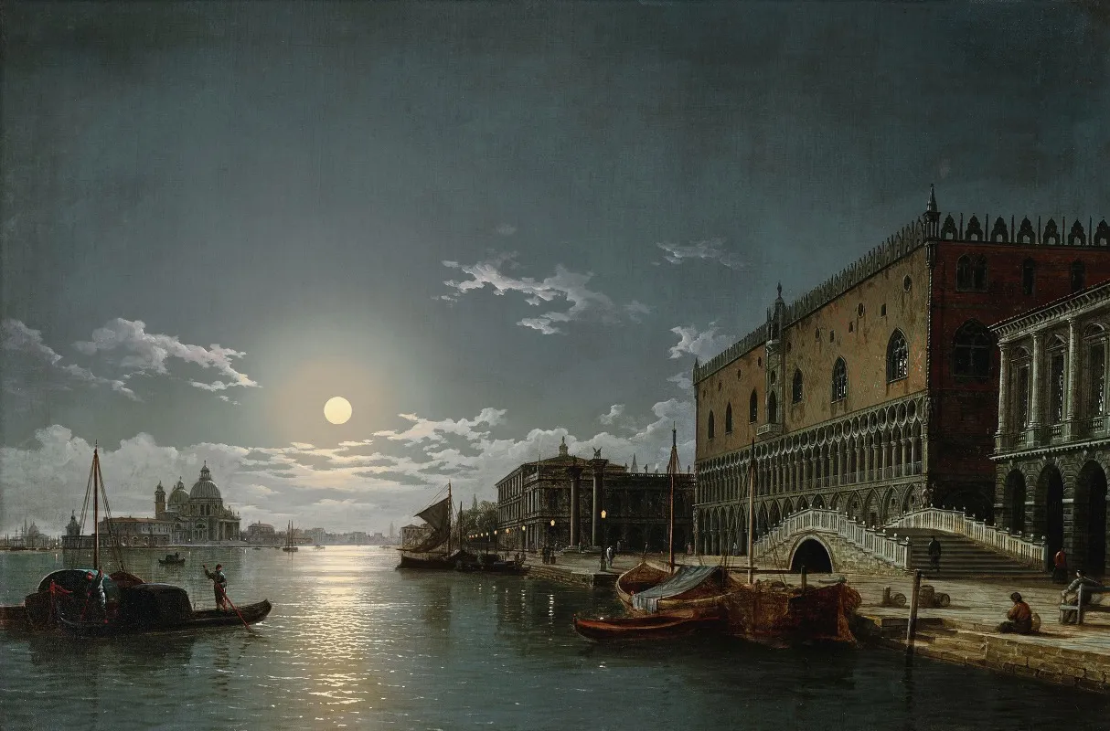 A View Of The Bacino Di San Marco With The Doges Palace And The Church Of Santa Maria Della Salute In The Distance By Moonlight