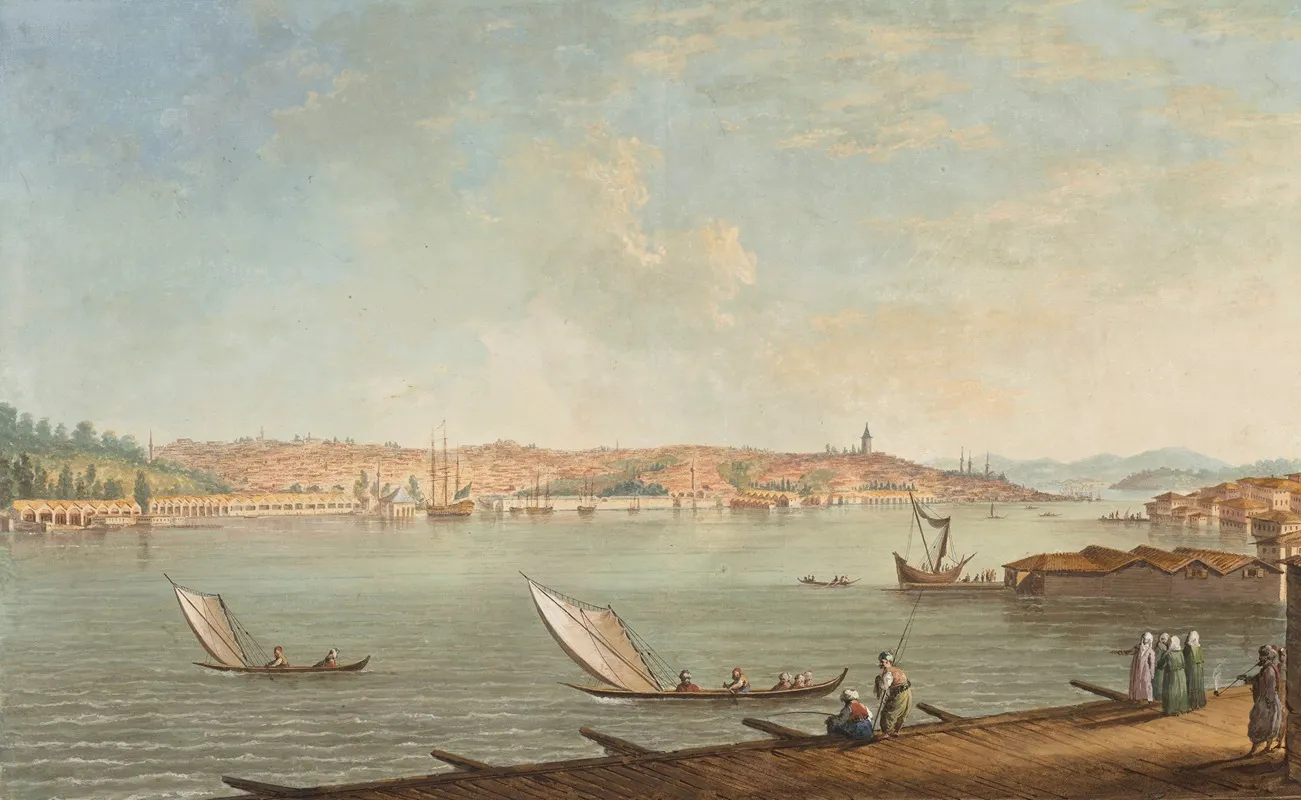 A View Of The Bosphorus With Istanbul And The Galata Tower In The Background Wall Art by Giuseppe Maria Terreni - High-Resolution Digital Print