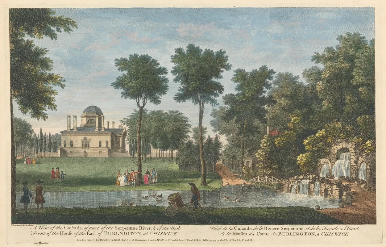 A View Of The Cascade Of Part Of The Serpentine River Of The West Front Of The House Of The Earl Of Burlington At Chiswick Wall Art by John Donowell - High-Resolution Digital Print