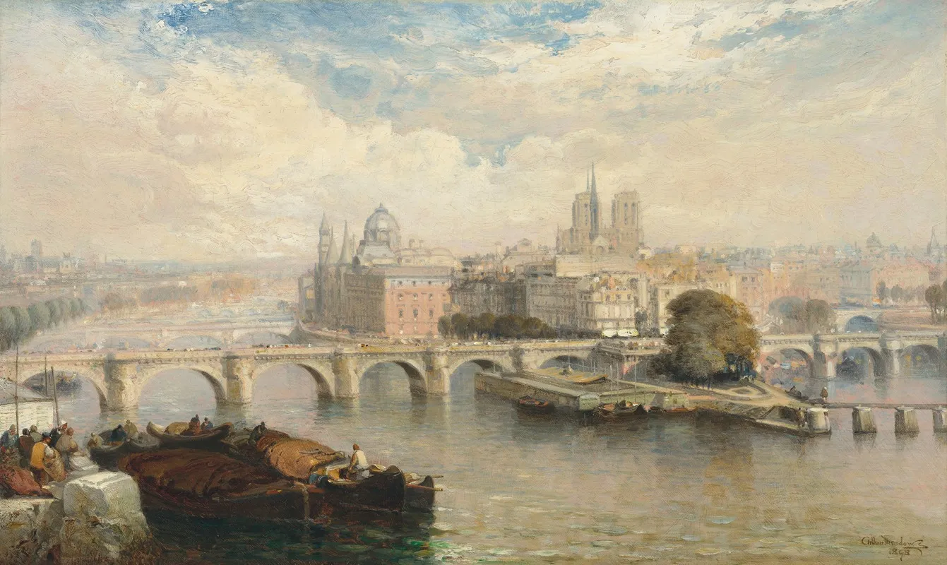 A View Of The Pont Neuf Paris With Notre Dame Beyond Wall Art by Arthur Joseph Meadows - High-Resolution Digital Print