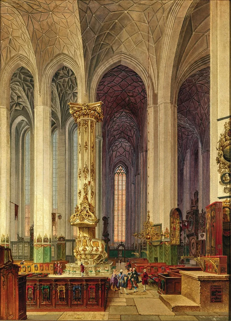 A View Of The Rococo Pulpit Of St Marys Church In Gdansk Wall Art by Johann Karl Schultz - High-Resolution Digital Print