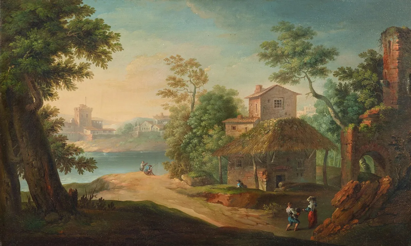 A Village By A River With Anglers And Peasants Wall Art by Paolo Anesi - High-Resolution Digital Print