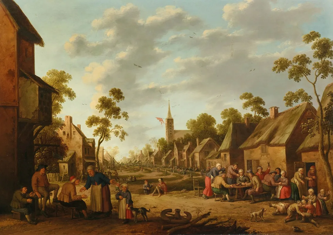 A Village Kermesse With People Eating And Drinking Outside And Children Fighting On The Ground Wall Art by Joost Cornelisz Droochsloot - High-Resolution Digital Print