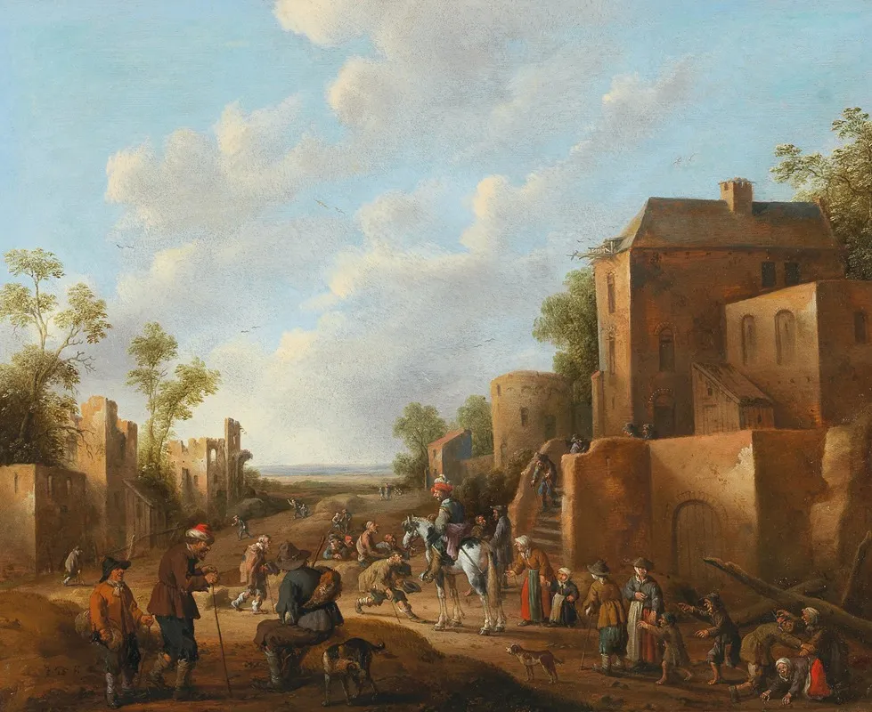 A Village Landscape With Country Folk Near A Tavern Wall Art by Joost Cornelisz Droochsloot - High-Resolution Digital Print