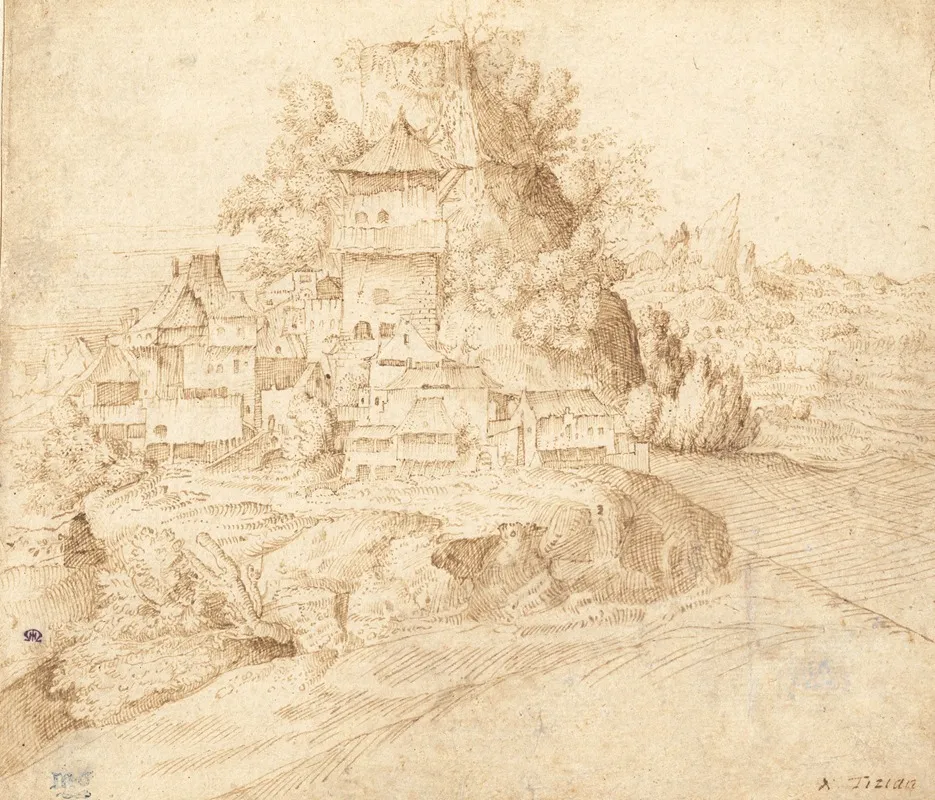 A Village Nestled At The Foot Of A Hill Recto Wall Art by Circle of Giorgione (Giulio Campagnola) - High-Resolution Digital Print