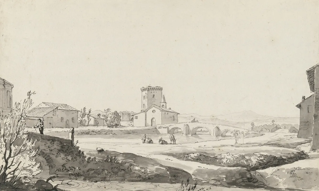 A Village On A River With A Three Arched Bridge Beside A Small Church And A Fortified Building Beyond