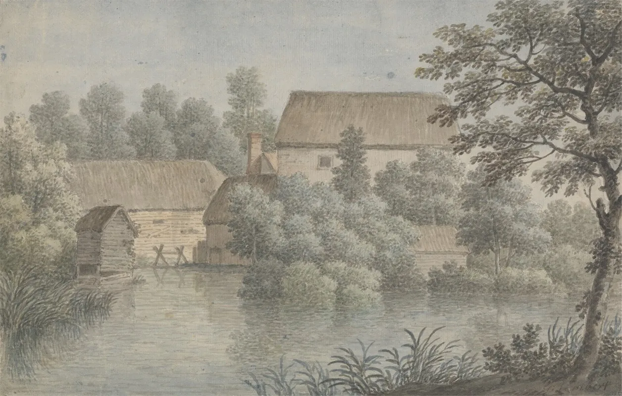 A Village Pond With Farm Buildings Wall Art by George Lambert - High-Resolution Digital Print
