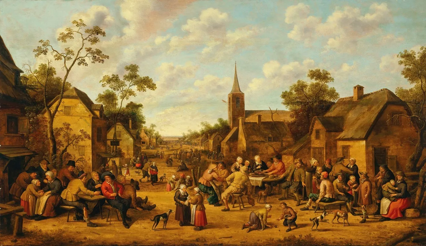 A Village Scene With Peasants Feasting And Conversing Wall Art by Joost Cornelisz Droochsloot - High-Resolution Digital Print