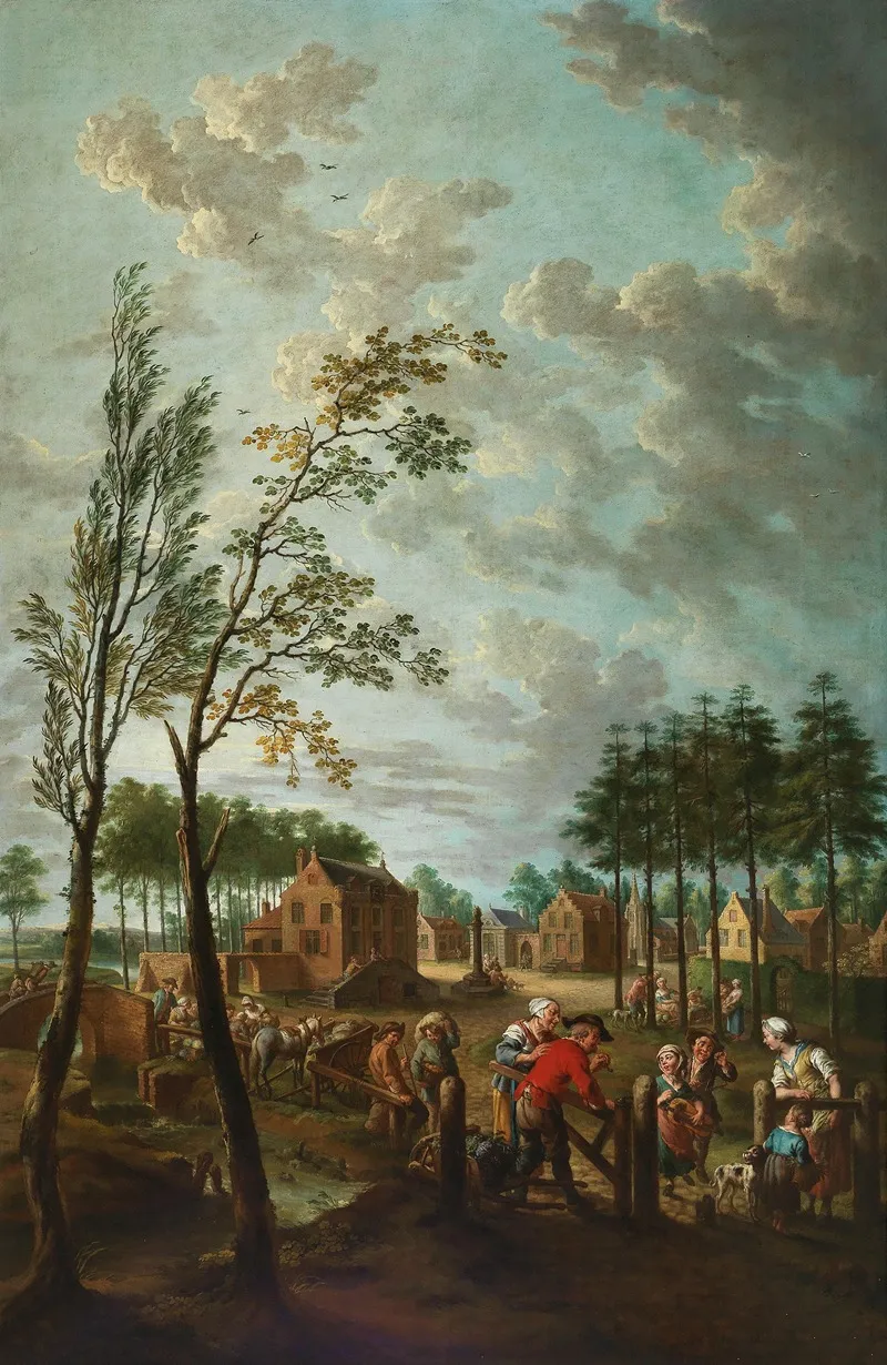 A Village Scene With Peasants In The Foreground Wall Art by Jan Anton Garemijn - High-Resolution Digital Print