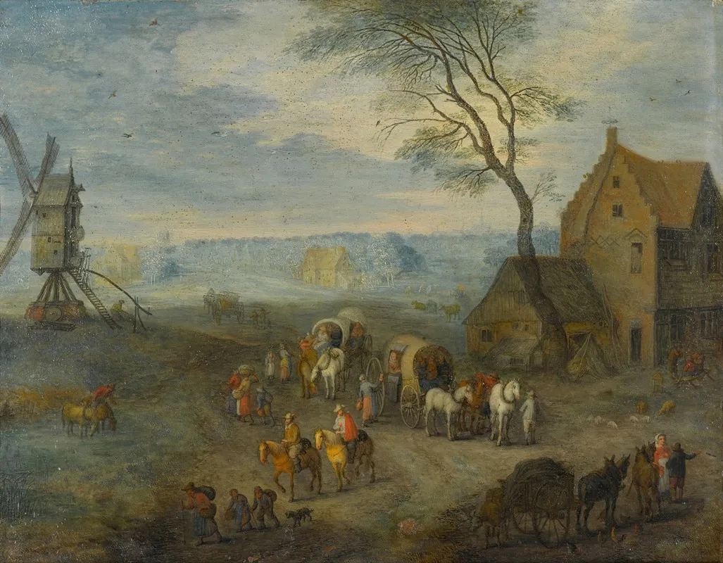 A Village Scene With Travellers By A Windmill Wall Art by Joseph van Bredael - High-Resolution Digital Print