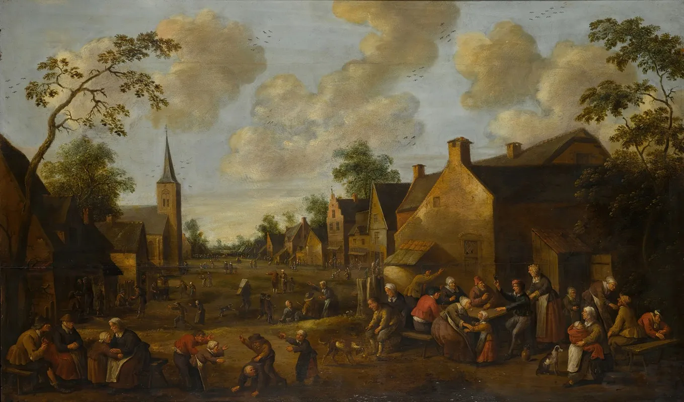 A Village Street Scene With Children Playing In The Foreground And Figures Drinking Wall Art by Joost Cornelisz Droochsloot - High-Resolution Digital Print