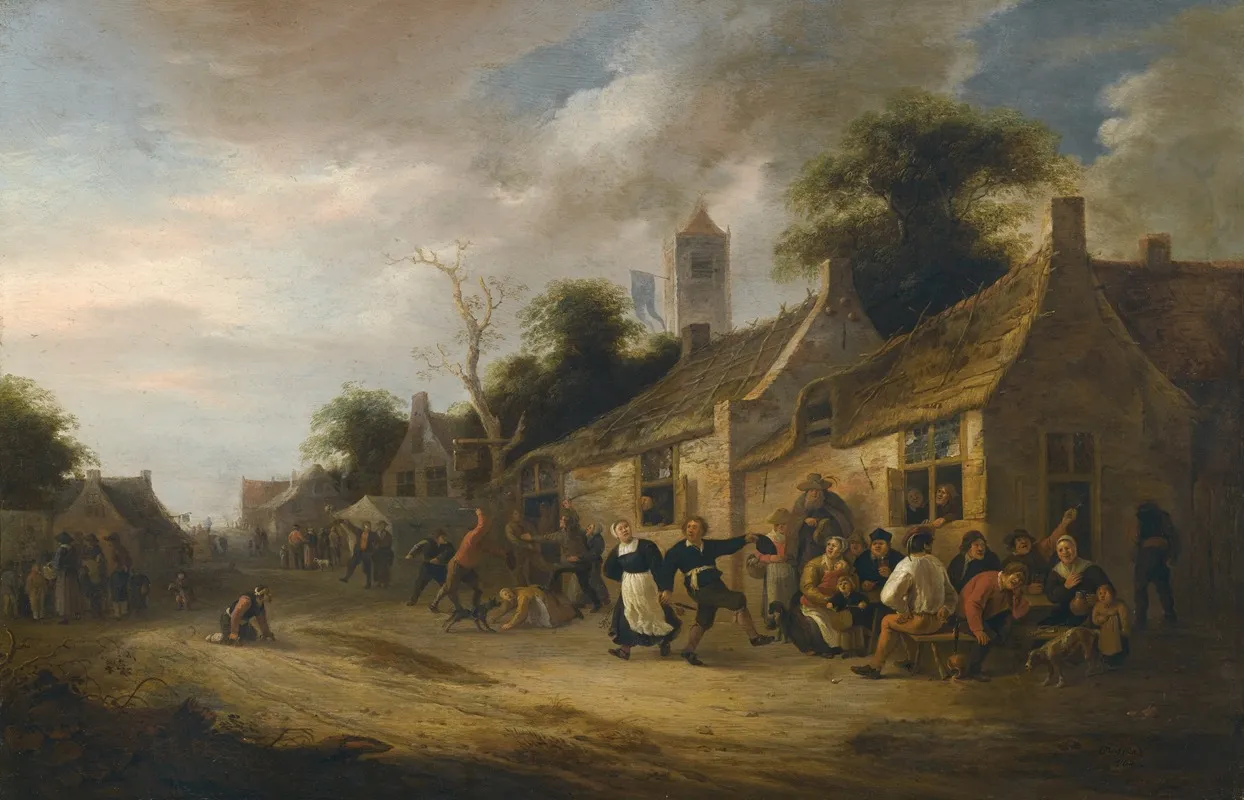 A Village Street Scene With Figures Dancing And Drinking