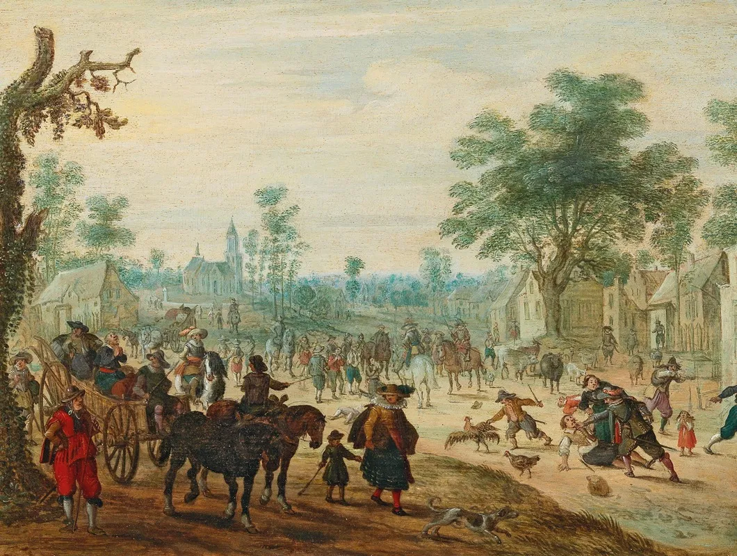 A Village With Numerous Figures On A Road Wall Art by Sebastian Vrancx - High-Resolution Digital Print