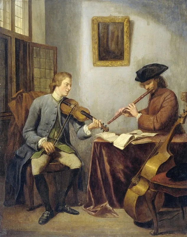 A Violinist And A Flutist Playing Music Together The Musicians Wall Art by Julius Henricus Quinkhard - High-Resolution Digital Print